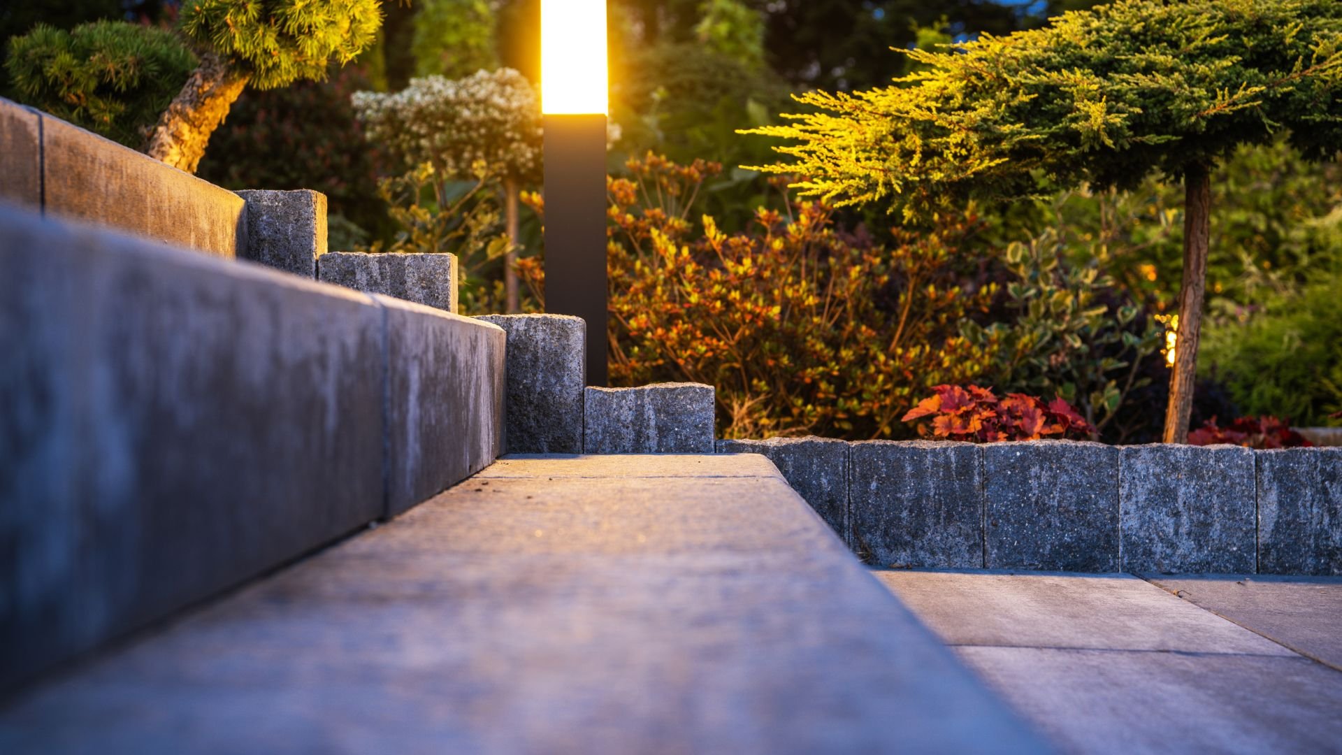 Stone steps in a garden with golden sunset light and lush greenery
