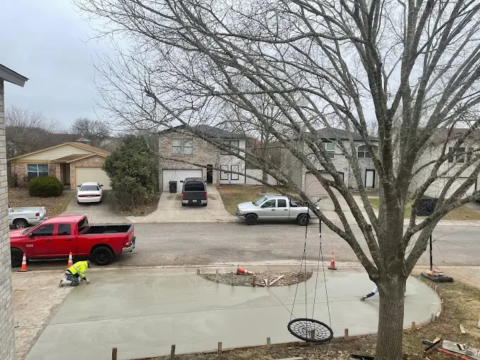 Suburban street with houses, cars, and a large bare tree near fresh concrete